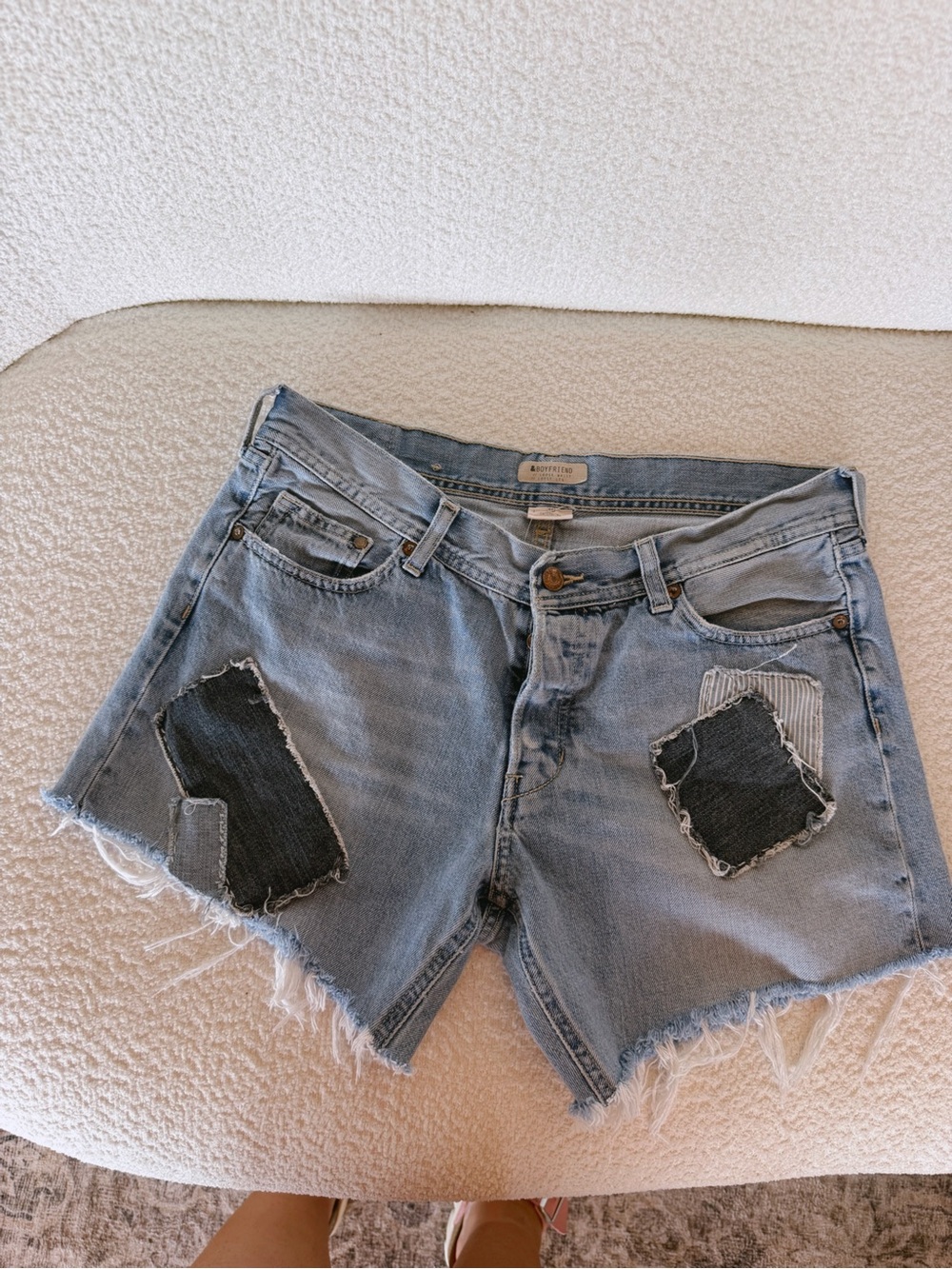 & Boyfriend Light Blue Distressed Patch Denim Shorts